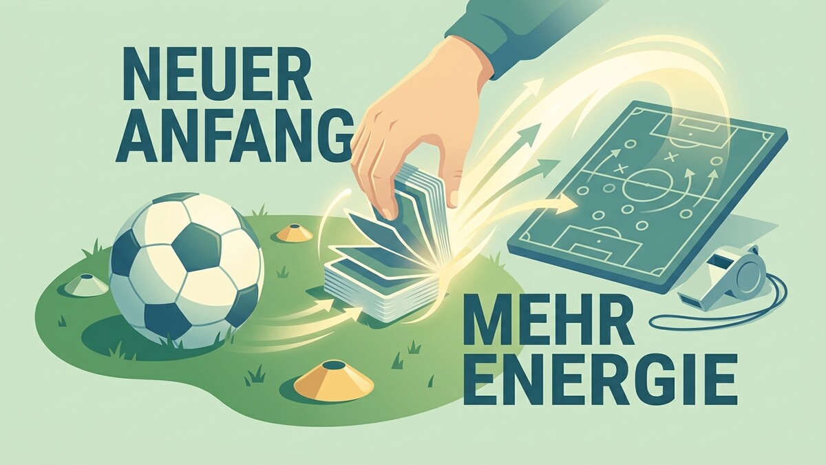 Neuer Anfang mehr Energie: Fußball, Taktiktafel, Pfeife und Karten auf grünem Rasen
