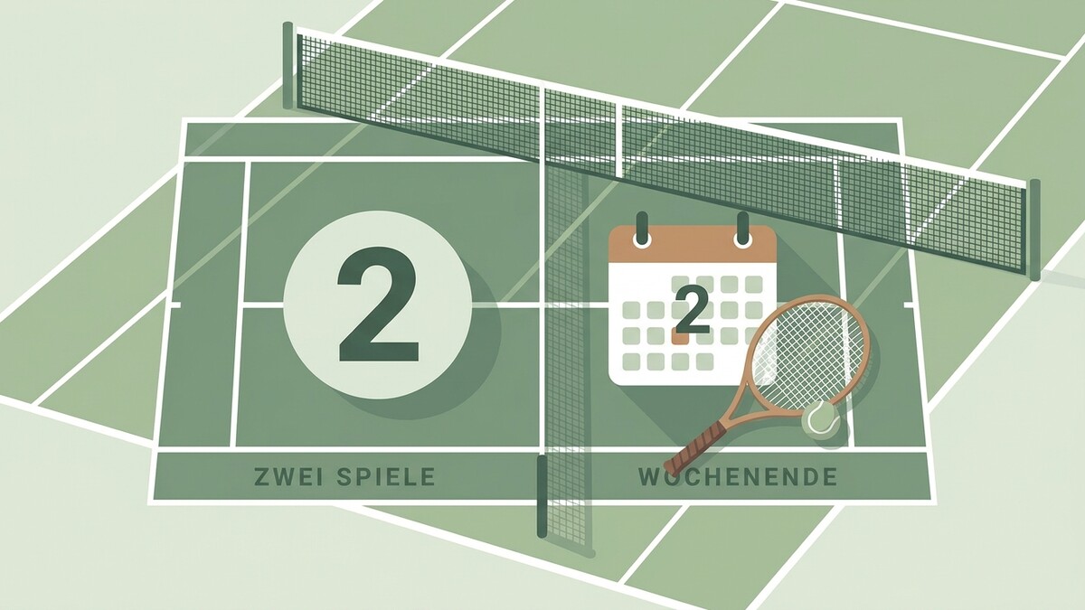 Tennisplatz mit Schläger, Ball, Kalender und der Zahl 2