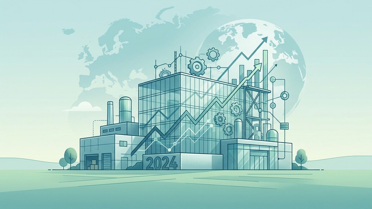 Industrie mit Wachstumsgrafik und Jahreszahl 2024 vor Weltkugel und Europakarte