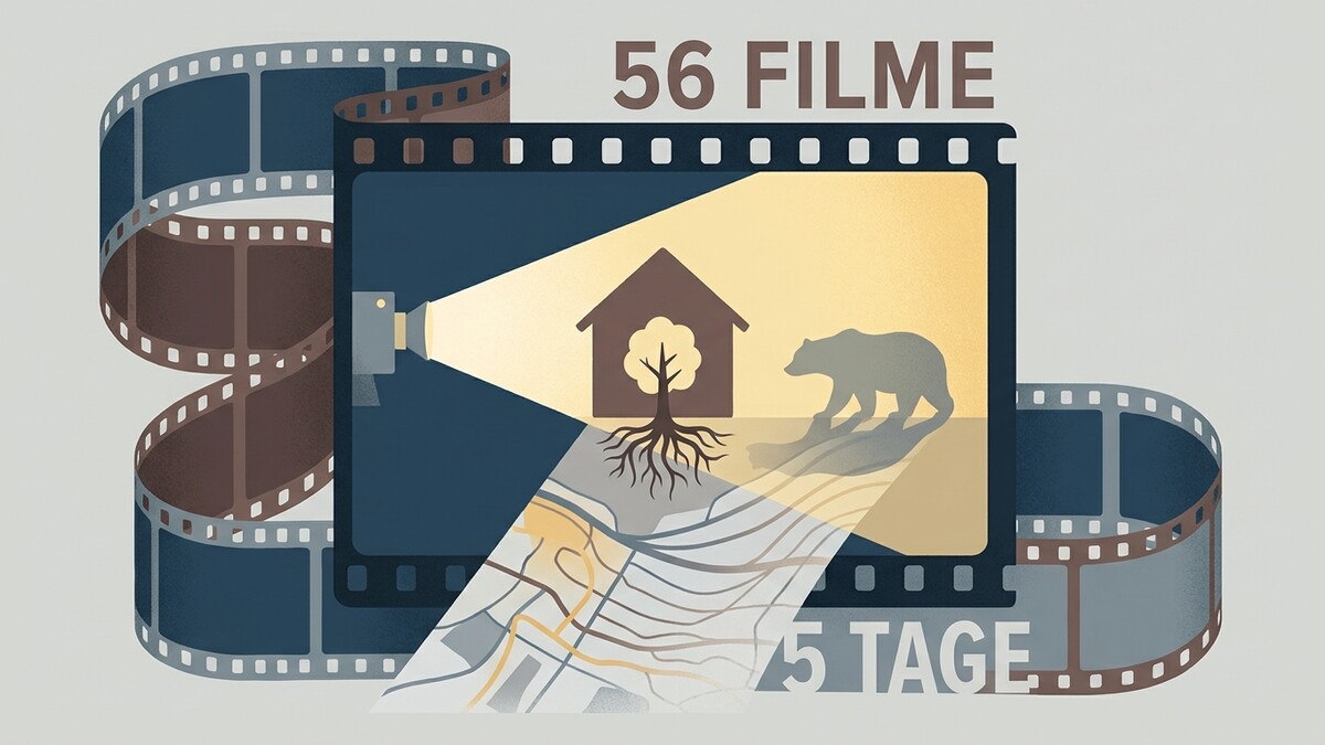 Filmprojektion mit Haus, Baum, Wurzeln und Bär auf Landkarte, 56 Filme 75 Tage