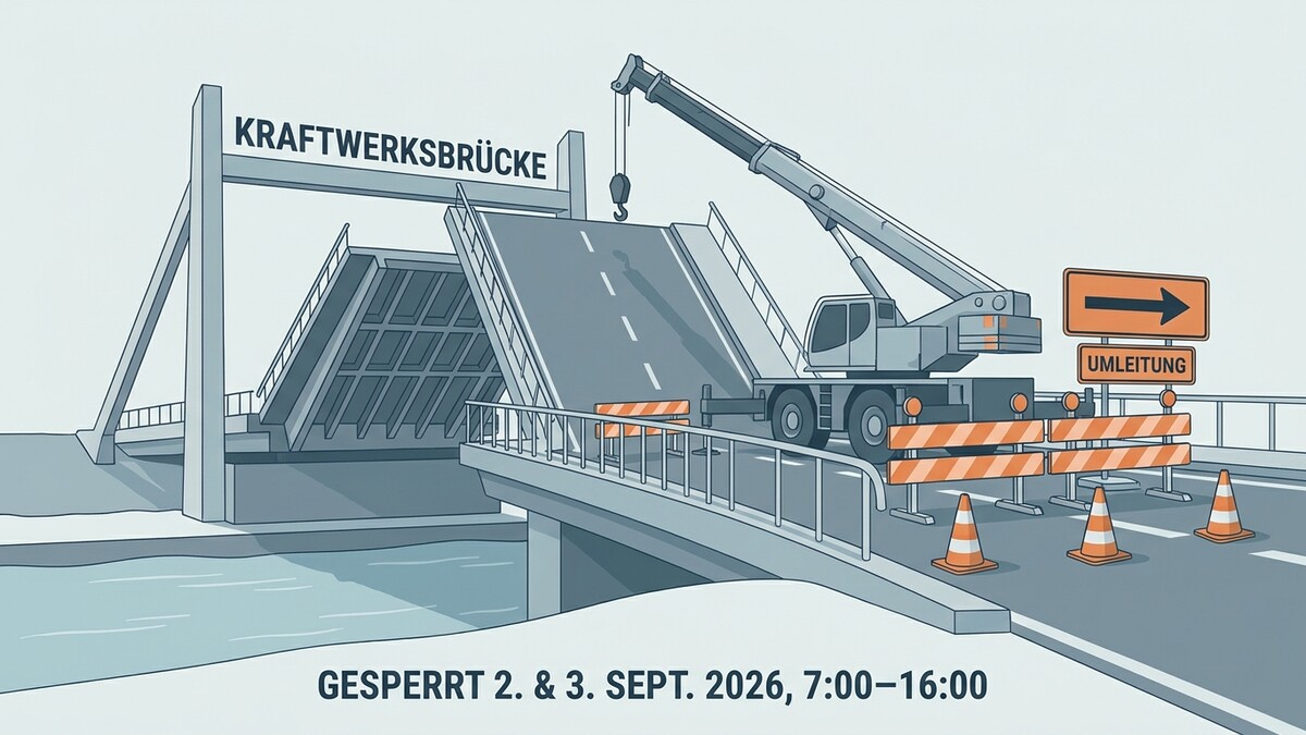 Kraftwerksbrücke: Kran hebt Brückenteil, Umleitungsschilder und Absperrungen weisen auf Sperre hin