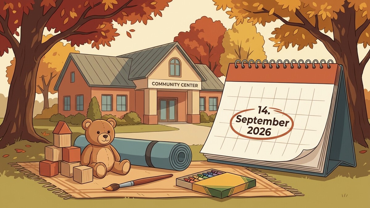 Community Center vor Herbstlaub mit Teddybär, Bauklötzen und Kalender 14. September 2026