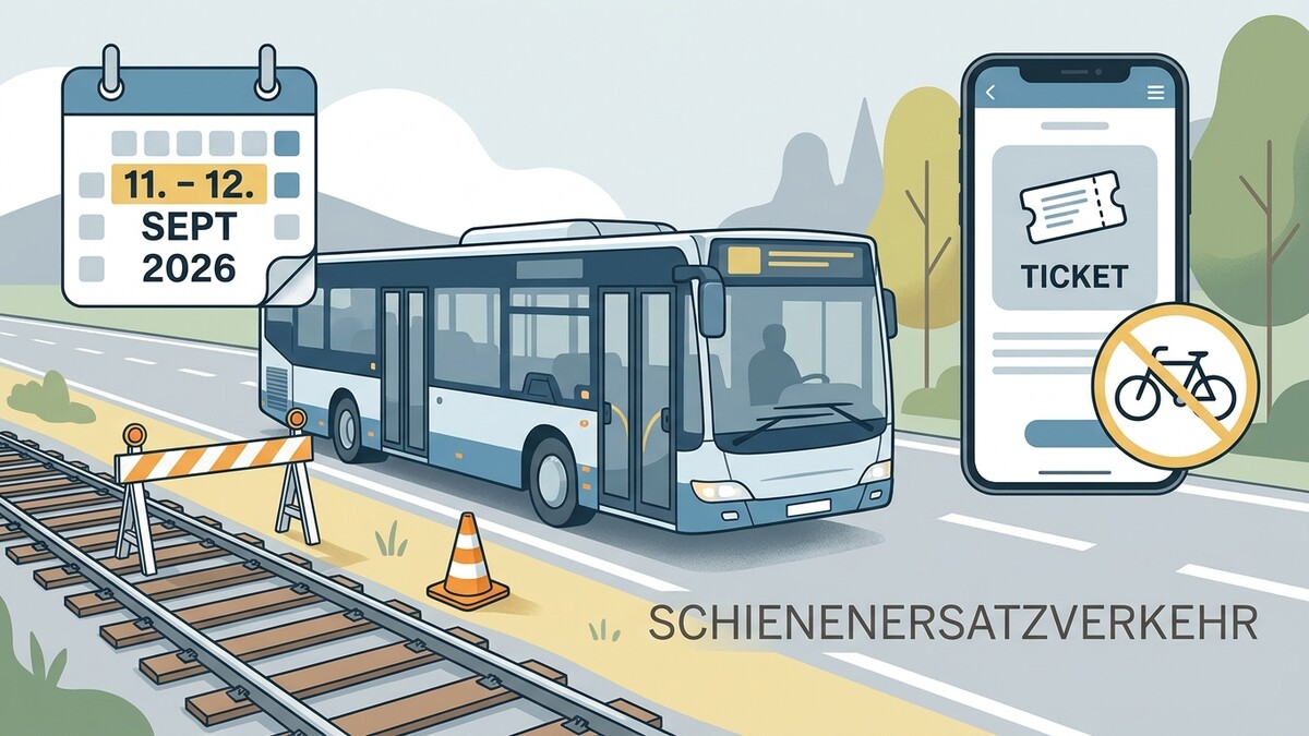Schienenersatzverkehr: Bus, Kalender mit 11.-12. Sept. 2026, Handy mit Ticket, Baustelle
