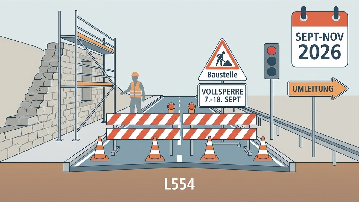 Baustelle L554 mit Absperrung, Umleitung und Kalenderblatt Sept-Nov 2026