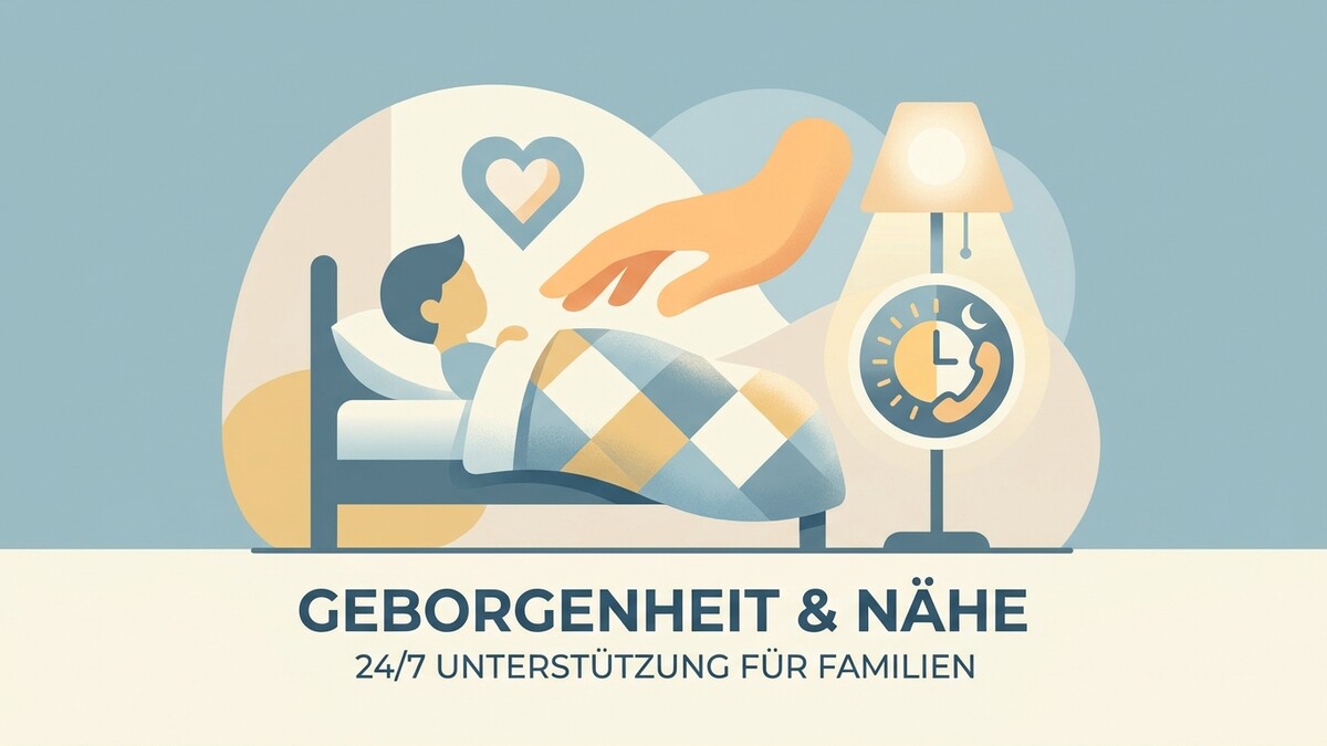 Geborgenheit und Nähe: Kinderbett mit schützender Hand, Lampe und Uhr mit Telefonhörer