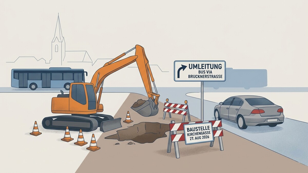 Baustelle mit Bagger und Umleitungsschild für Busse in der Kirchengasse, Linz
