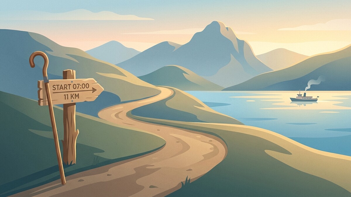 Wanderweg mit Schild und Schiff am See vor Bergkulisse