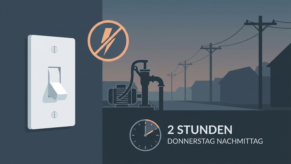 Stromausfall: Pumpe und Strommasten bei Dämmerung, 2 Stunden am Donnerstag Nachmittag
