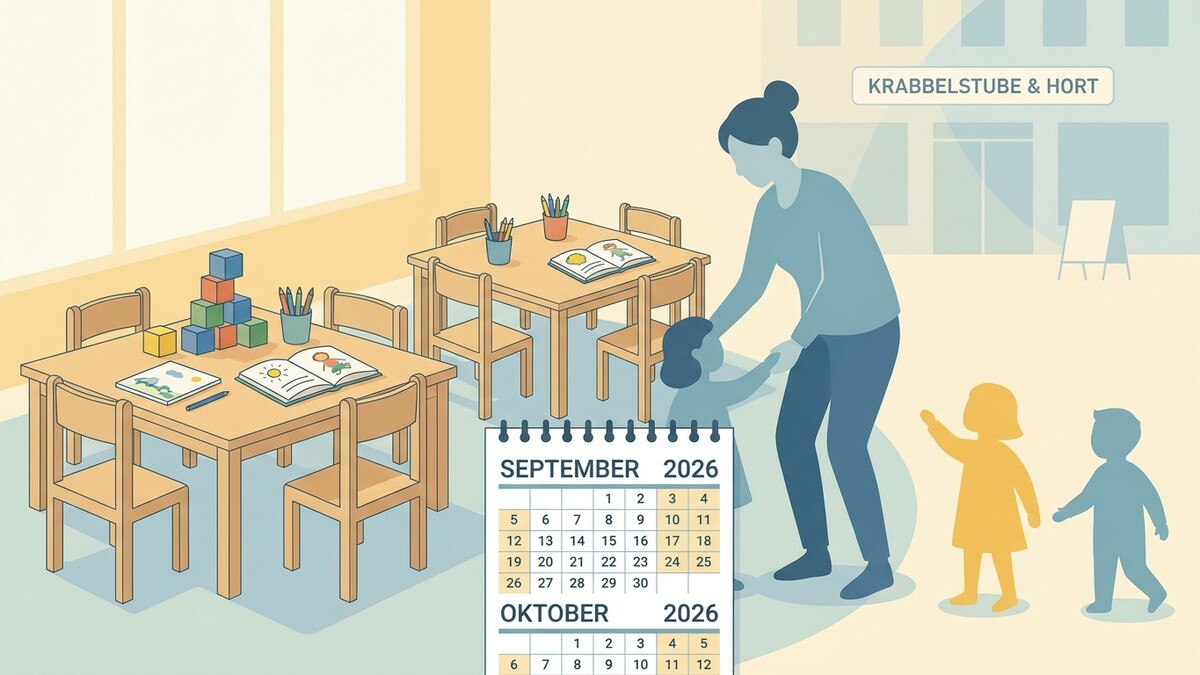 Krabbelstube mit Kinderbetreuungspersonal und Kindern, Kalender September 2026