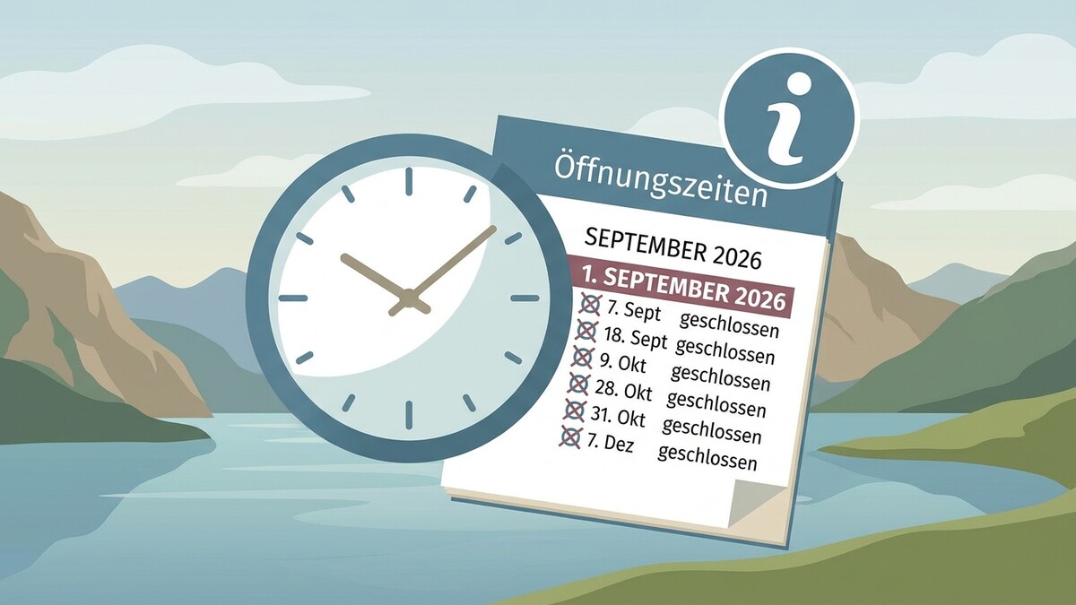 Öffnungszeiten Kalender mit Uhr und Berglandschaft
