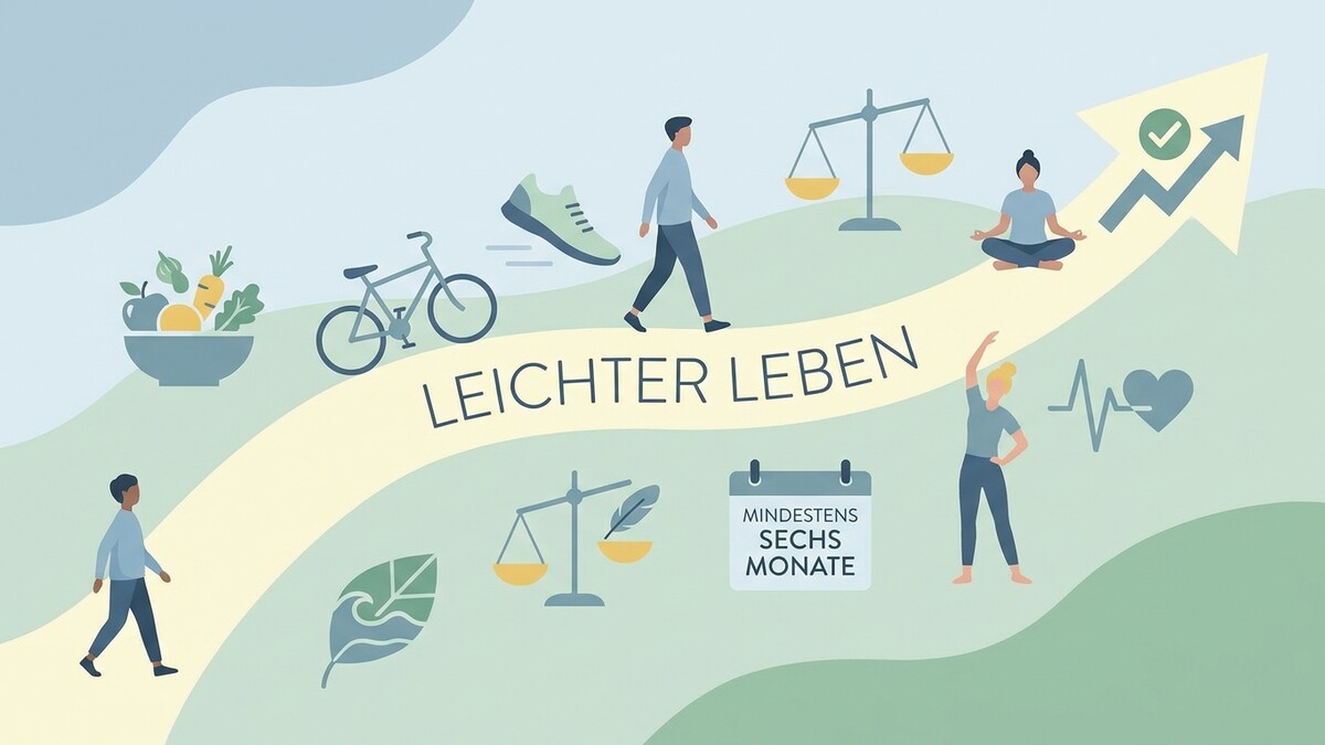 Leichter Leben: Obstschale, Fahrrad, laufende Person, Waage, Kalender, sitzende Person, Herzfrequenzkurve