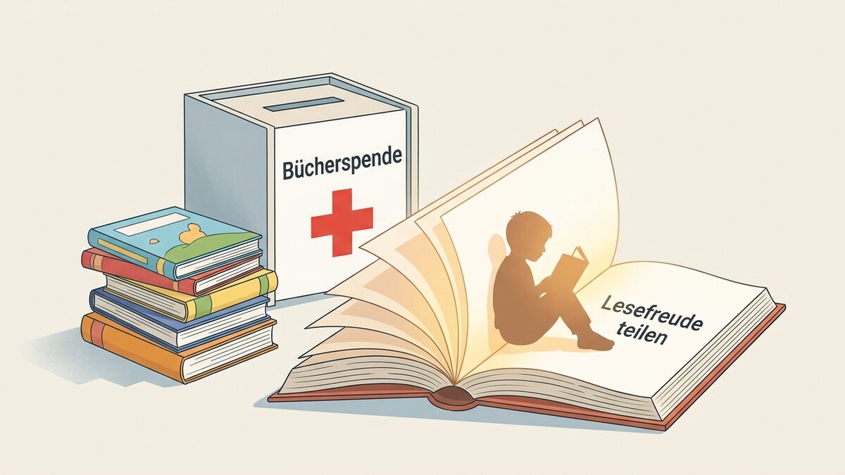 Bücherspende mit Stapel und offenem Buch, Silhouette eines lesenden Kindes