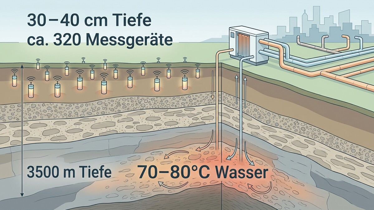 Geothermie: 320 Messgeräte in 30-40 cm Tiefe, 70-80°C heißes Wasser aus 3500 m Tiefe