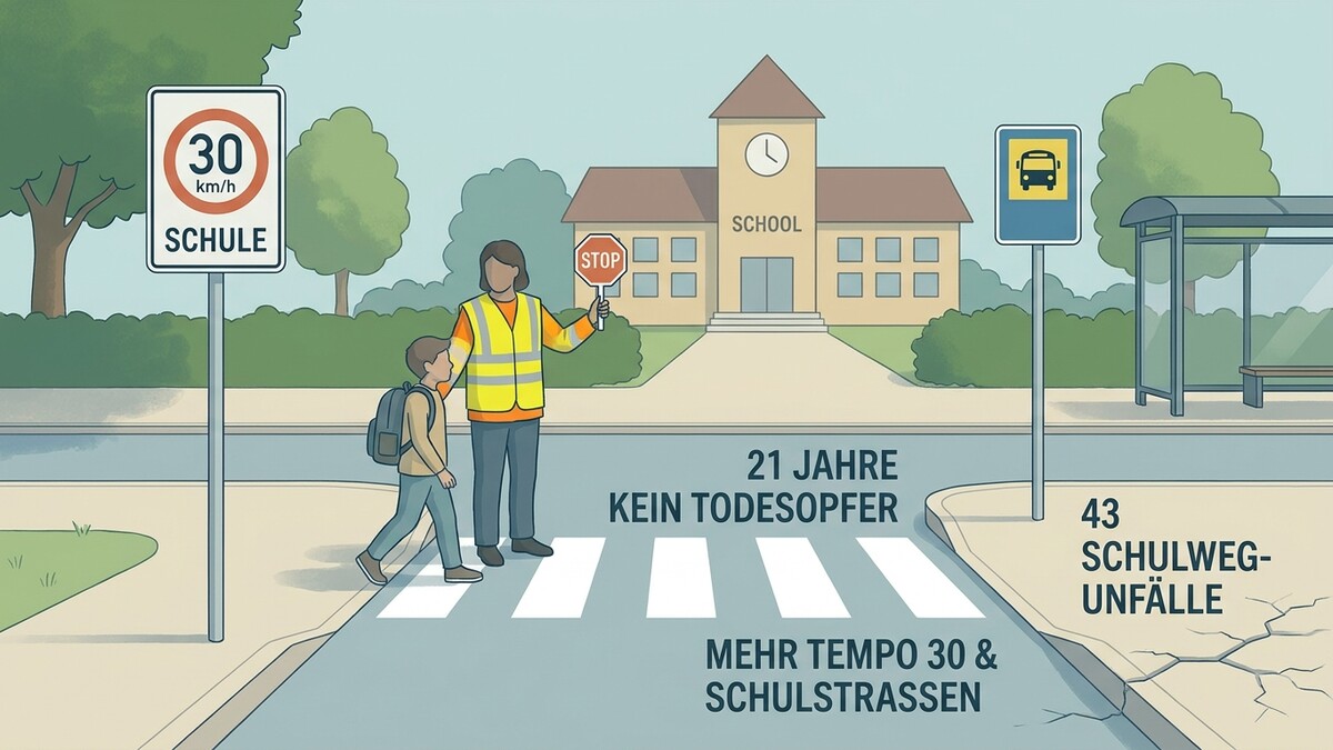 Schulweg-Unfälle: Schulkind mit Schulweghelferin bei Zebrastreifen vor Schule