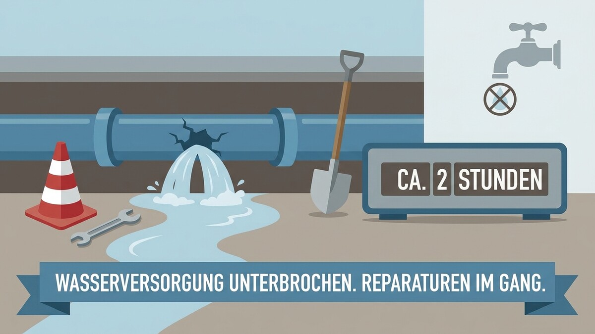 Wasserversorgung unterbrochen. Reparatur dauert ca. 2 Stunden.