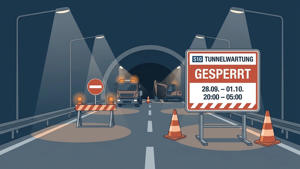 S10 Tunnelwartung gesperrt: 28.09. – 01.10., 20:00 – 05:00 Uhr, Baustelle im Tunnel