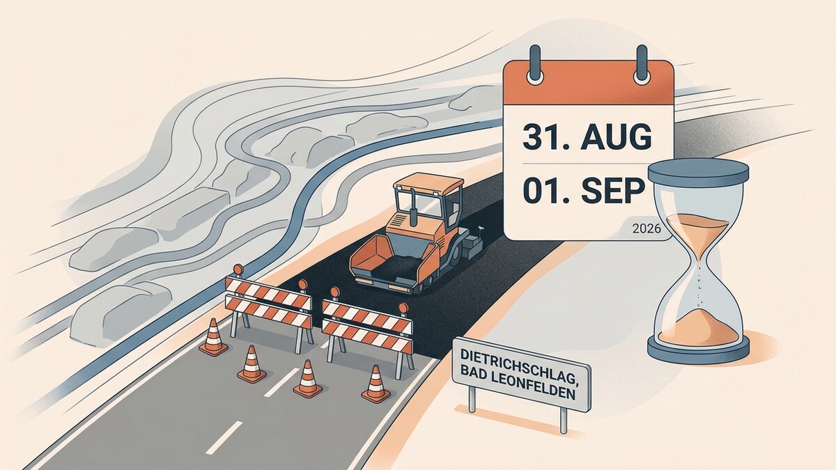 Straßenarbeiten Dietrichschlag, Bad Leonfelden: Asphaltwalze, Kalender 31. Aug./1. Sep. 2026, Sanduhr