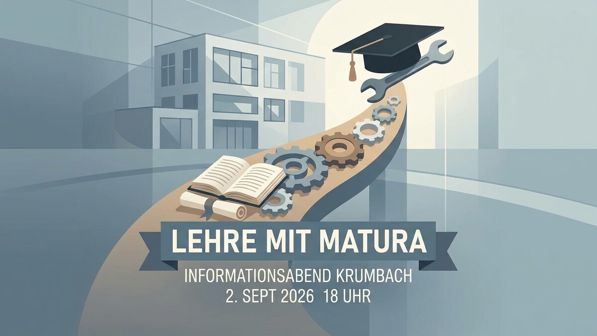 Lehre mit Matura: Offenes Buch, Zahnräder, Matura-Hut und Schraubenschlüssel vor Gebäude