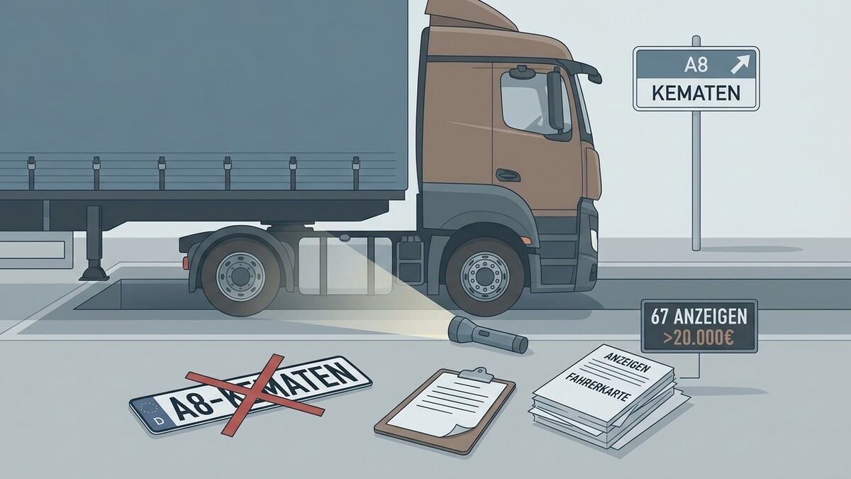 Lastwagen mit Kennzeichen A8-Kematten, Hinweisschild, Taschenlampe, Klemmbrett und Fahrerkarten-Stapel