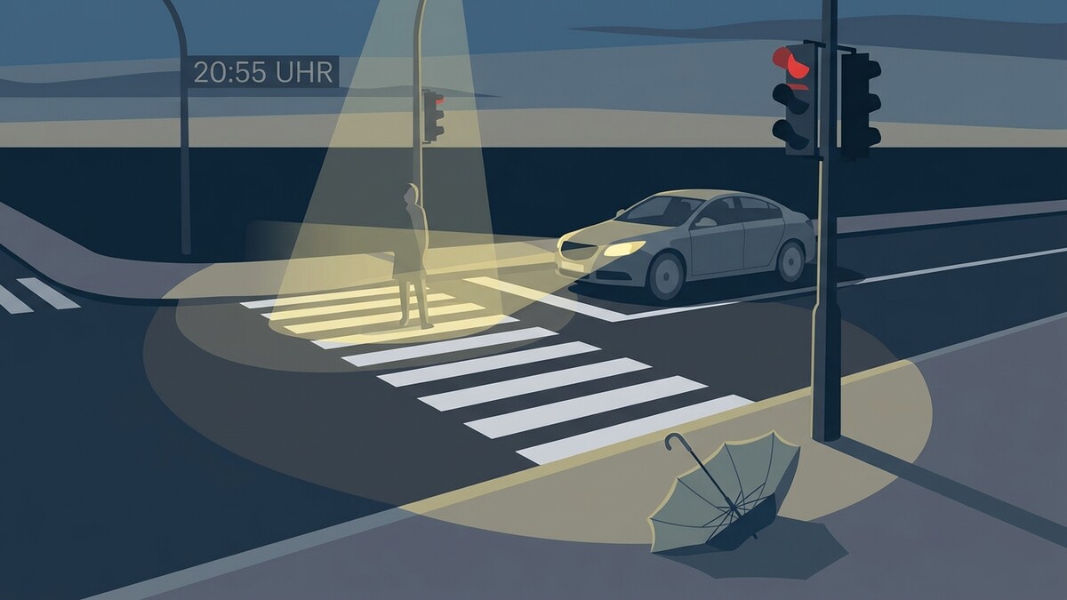 Fußgängerin wartet bei 20:55 Uhr an Zebrastreifen auf grünes Licht, Auto hält an.