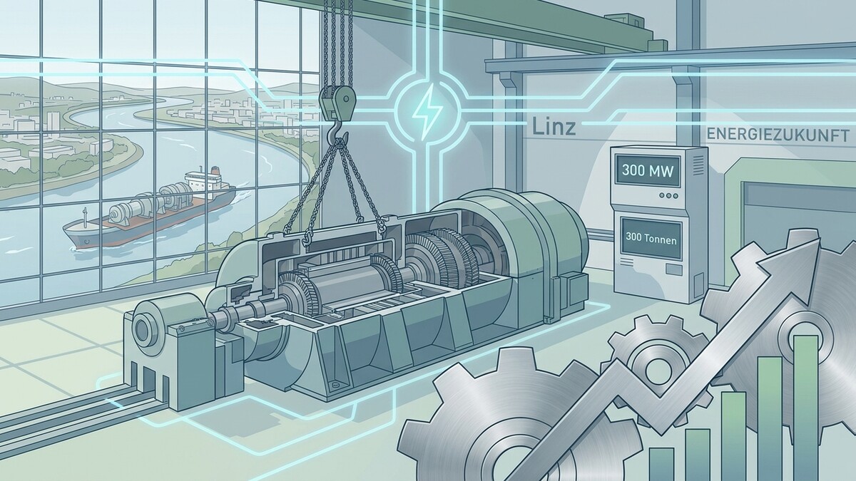 Turbine wird in Linz gehoben, Energie, Schiff auf Donau