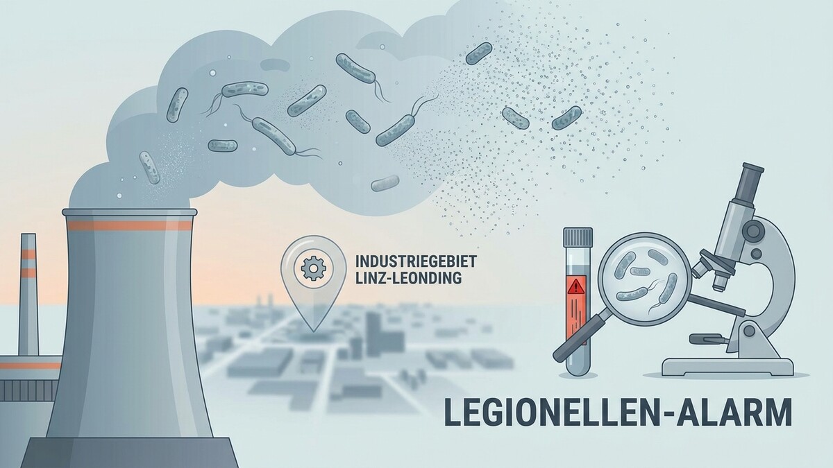 Legionellen-Alarm in Linz-Leonding: Kühlturm stößt Bakterien aus, Labor untersucht Probe.