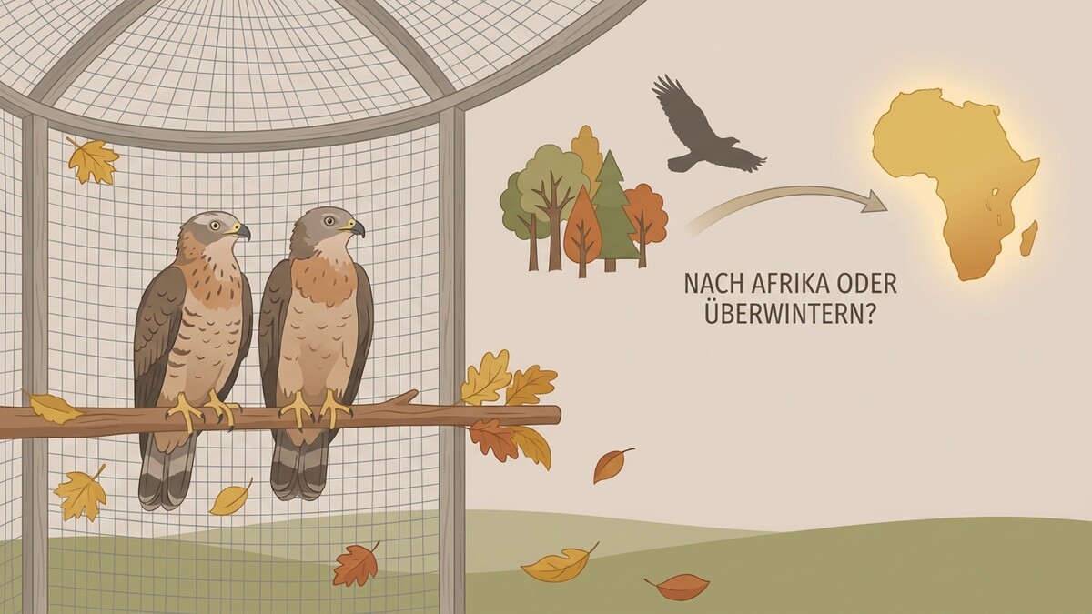 Greifvögel in Voliere mit Herbstlaub und Karte von Afrika mit Pfeil