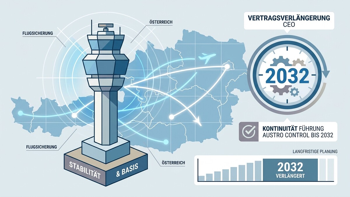 Flugsicherungsturm und Karte von Österreich mit Flugrouten, Vertragsverlängerung bis 2032