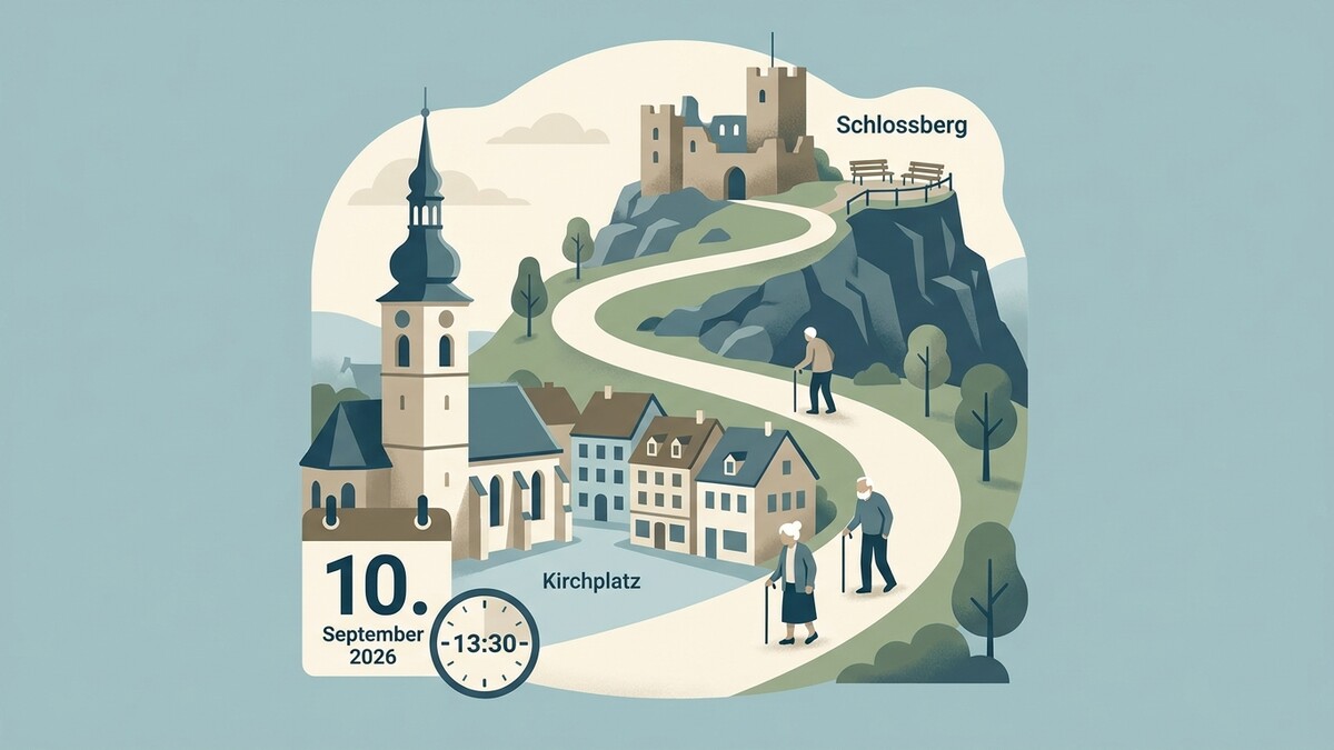 Kirchplatz mit Kirche, Häusern und Senioren auf dem Weg zum Schlossberg