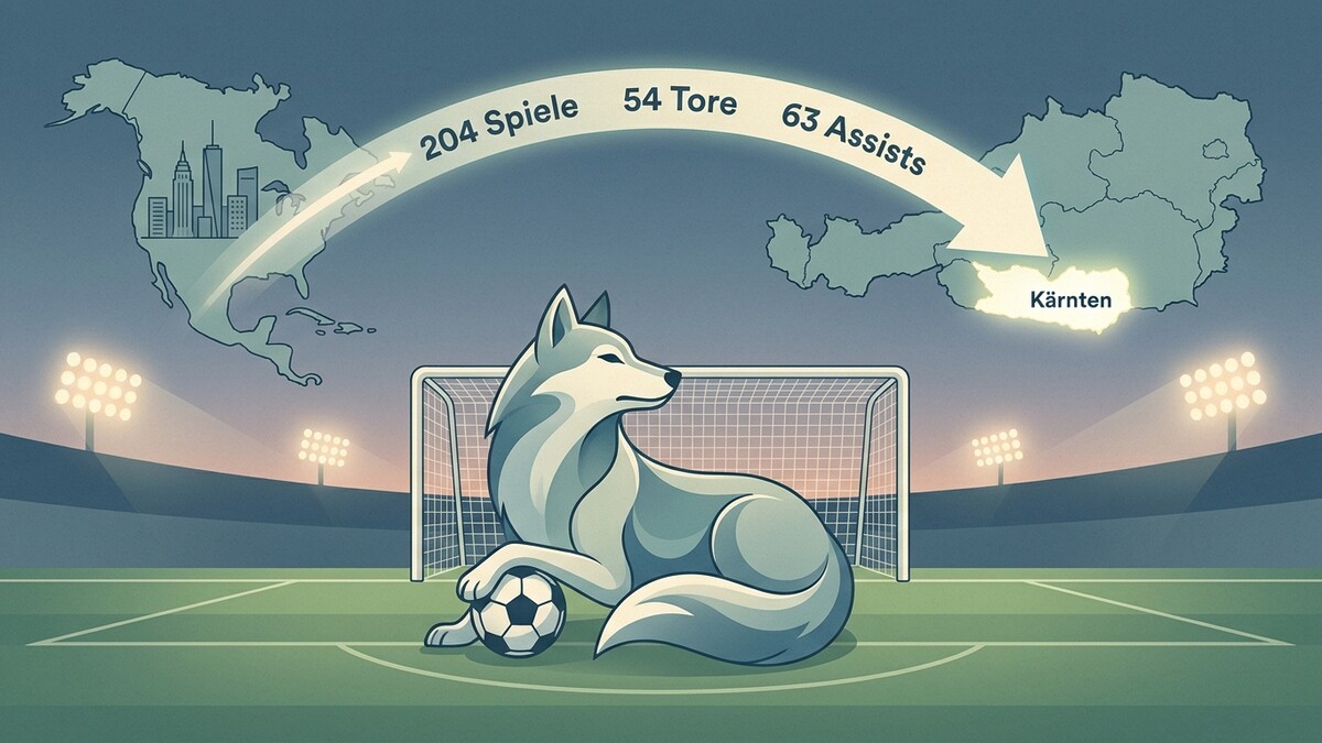 Wolf mit Fußball vor Tor, Karten von Nordamerika und Kärnten mit Statistiken
