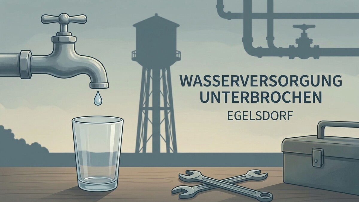 Wasserversorgung unterbrochen in Eggelsdorf, Wasserhahn tropft in Glas, Wasserturm, Werkzeugkasten