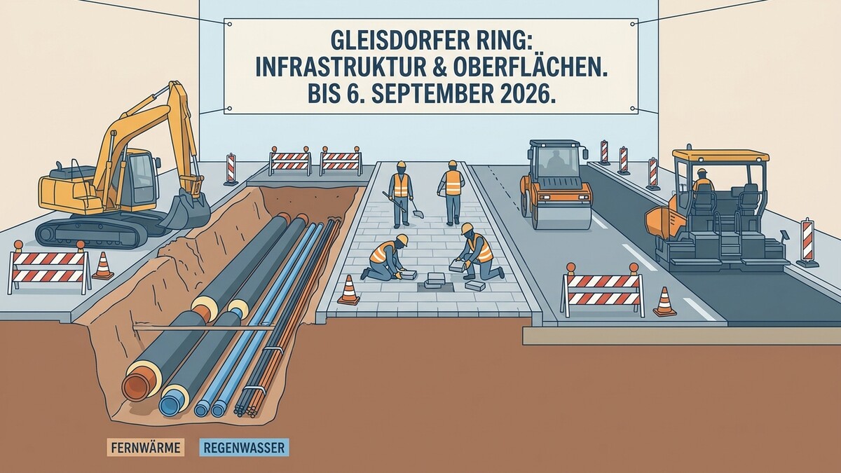 Gleisdorfer Ring: Bauarbeiten für Fernwärme und Regenwasser mit Baggern und Straßenwalze