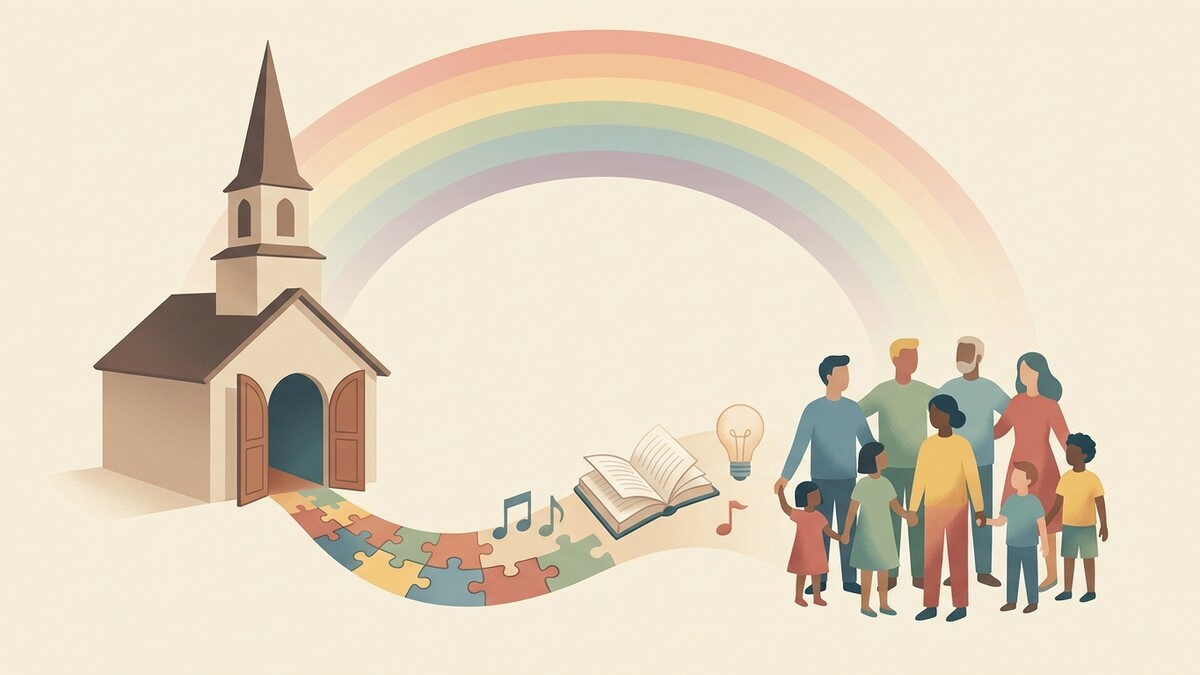 Kirche mit Regenbogen und bunter Puzzlestraße, die zu einer Gruppe von Menschen führt.