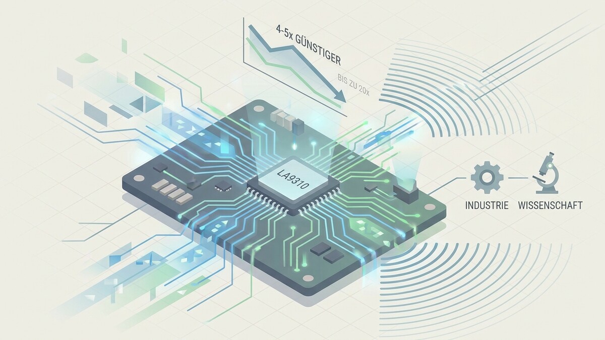 LA9310 Chip auf Platine mit Industrie- und Wissenschaftssymbolen und Diagramm.