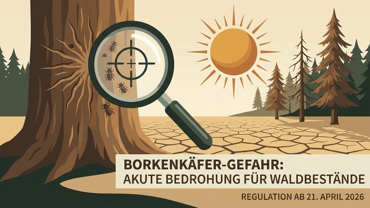 Borkenkäfer-Gefahr: Lupe zeigt Käfer auf Baumstamm, trockener Waldboden, Sonne