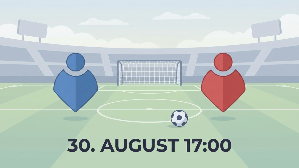 Fußballspiel: zwei Spieler-Icons, Ball, Tor und Datum 30. August 17:00