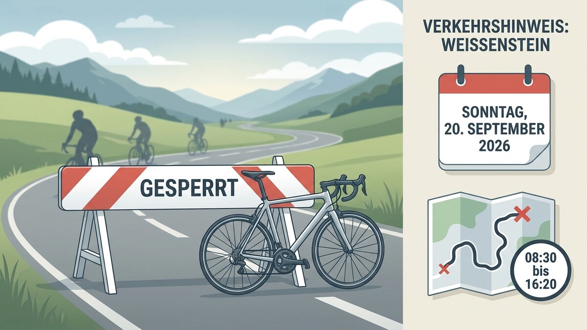 Verkehrshinweis Weißensee: Rennrad vor Absperrung auf Bergstraße mit Radfahrern