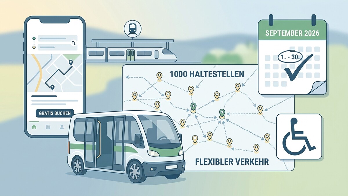 Flexibler Verkehr: Smartphone-App, Bus, Zug, 1000 Haltestellen, Kalender September 2026 und Rollstuhlsymbol