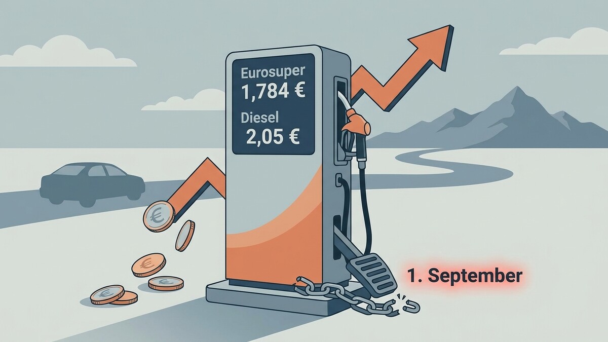 Benzinpreise am 1. September: Eurosuper 1,784€, Diesel 2,05€. Aufsteigender Pfeil, Münzen, Auto, Berge