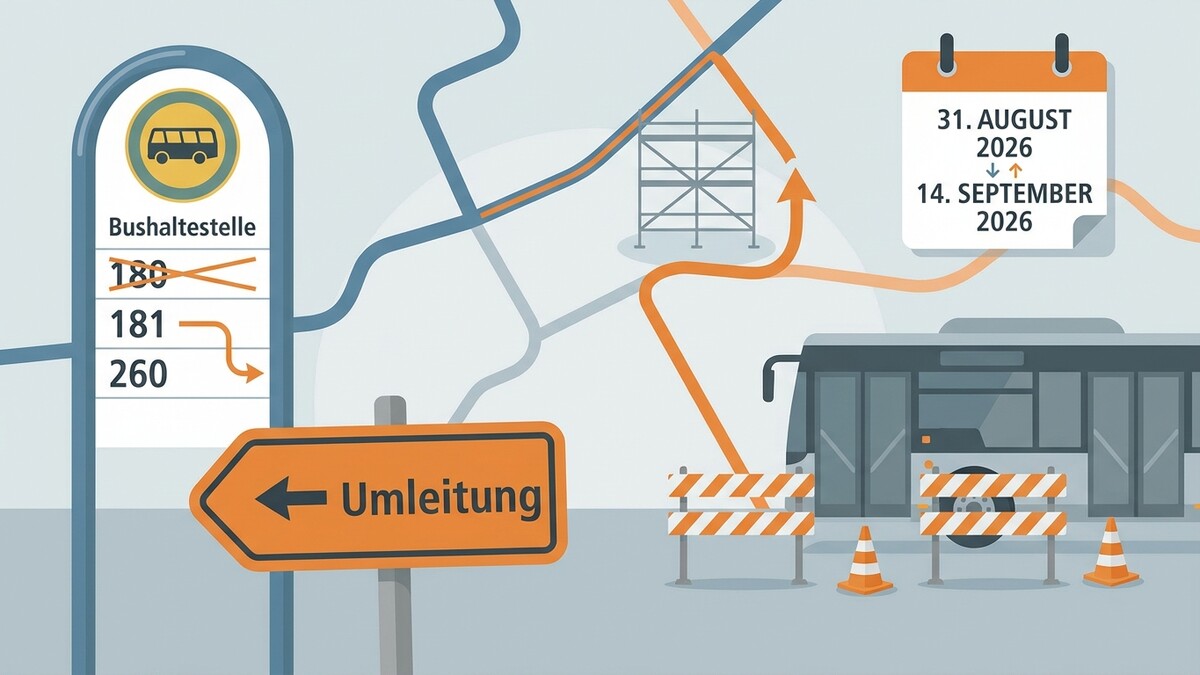 Busumleitung wegen Bauarbeiten: Haltestelle 180 gesperrt, Linien 181 & 260 umgeleitet.