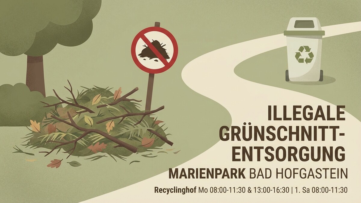 Marienpark Bad Gastein: Verbotsschild für Grünschnitt neben Ast- und Laubberg, Recyclingbehälter.