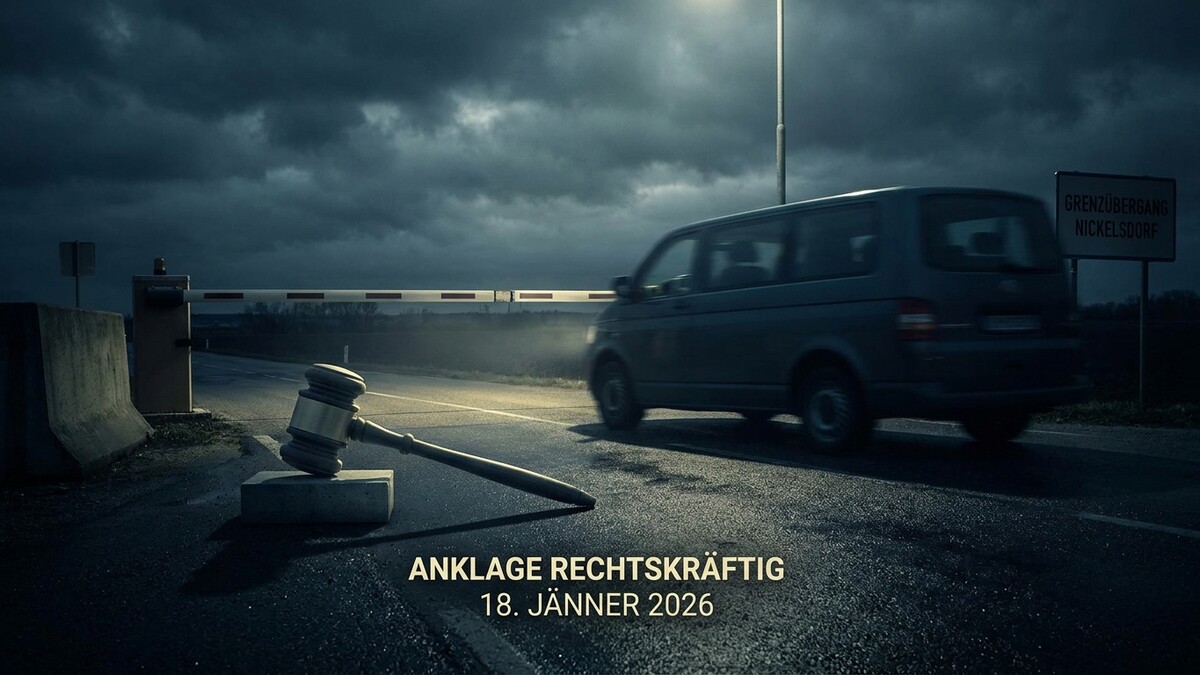 Richterhammer am Grenzübergang Nickelsdorf, ein Lieferwagen fährt vorbei