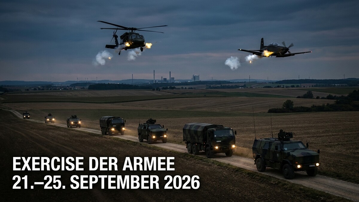 Armeeübung mit Militärfahrzeugen, Hubschrauber und Flugzeug im Abendlicht