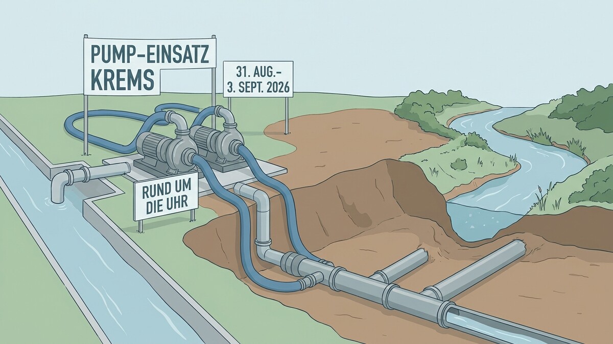 Pumpeneinsatz Krems: Pumpen fördern Wasser aus einem Kanal in eine Flusslandschaft.
