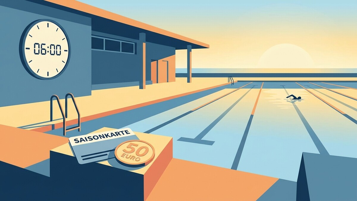 Schwimmbad mit Saisonkarte und 50 Euro Münze bei Sonnenaufgang