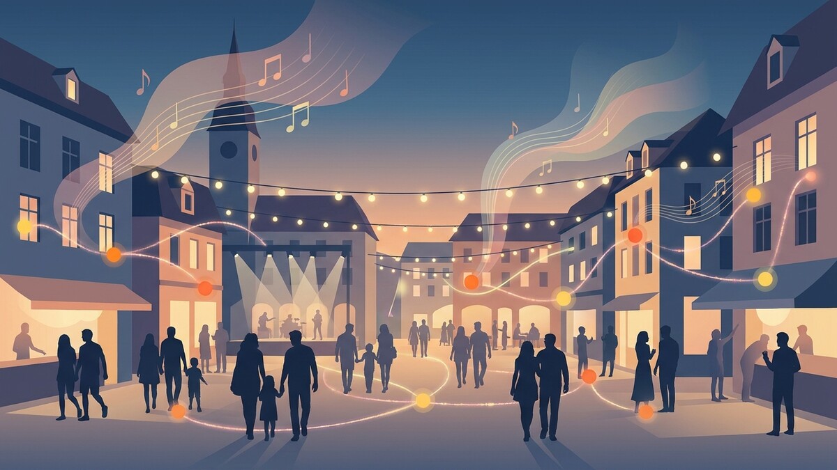 Musikfestival in Stadtzentrum mit Menschen und Lichtern