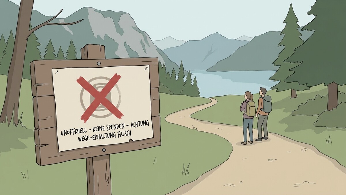 Wanderweg-Schild mit Verbotssymbol und zwei Wanderern vor Bergsee und Alpenpanorama