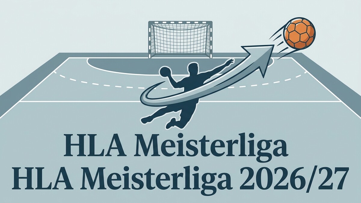 HLA Meisterliga 2026/27: Handballspieler wirft Ball über Spielfeld vor Tor