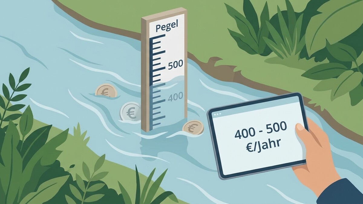 Euro-Münzen im Wasser neben einem Pegel und einer Anzeige mit 400-500 €/Jahr
