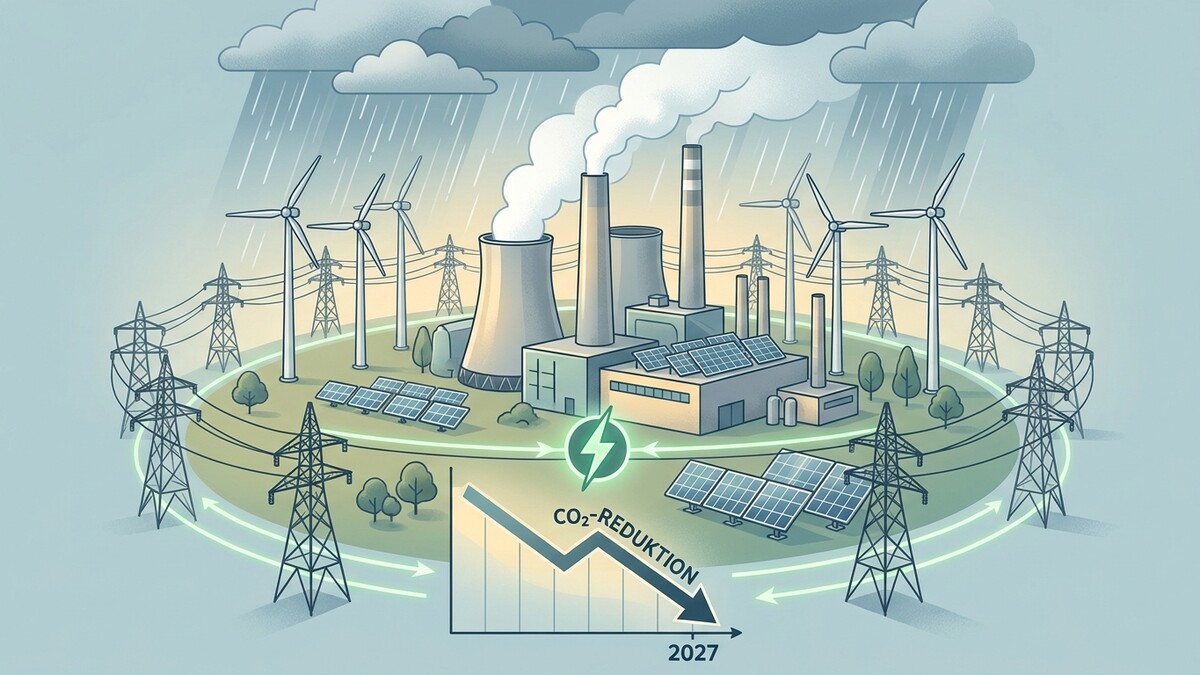 CO2-Reduktion: Kraftwerk mit Windrädern, Solaranlagen und Strommasten im Regen